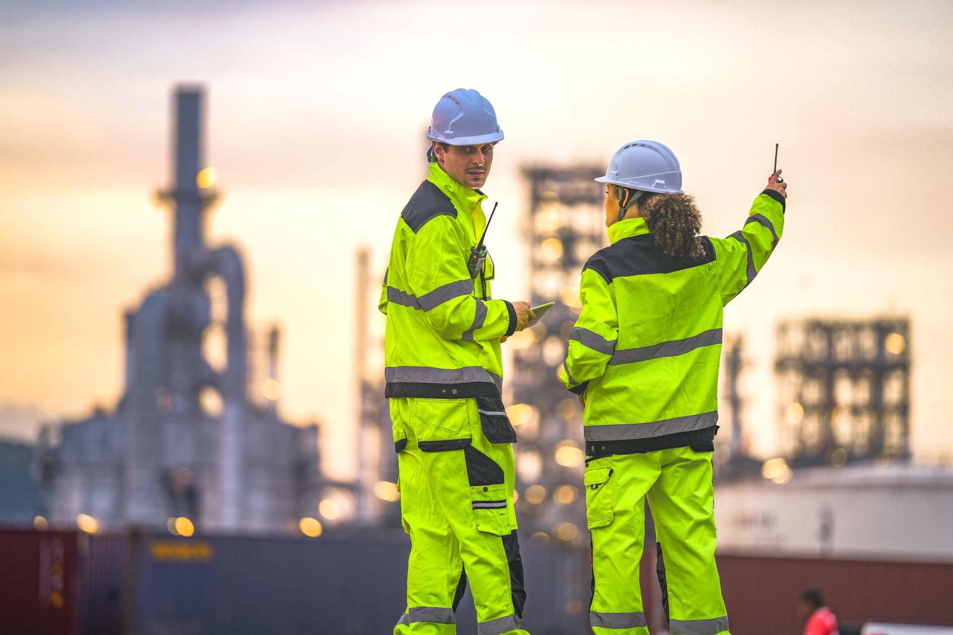 Two engineers in high-visibility suits and helmets review data on a tablet while standing in front of a refinery at sunrise, indicating teamwork and safety in a heavy industry zone.